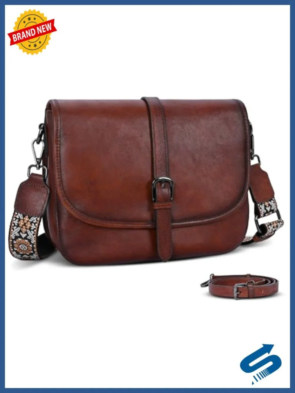 Vintage Leather Crossbody Bag with Two Straps Satchel Handbag Travel Purse